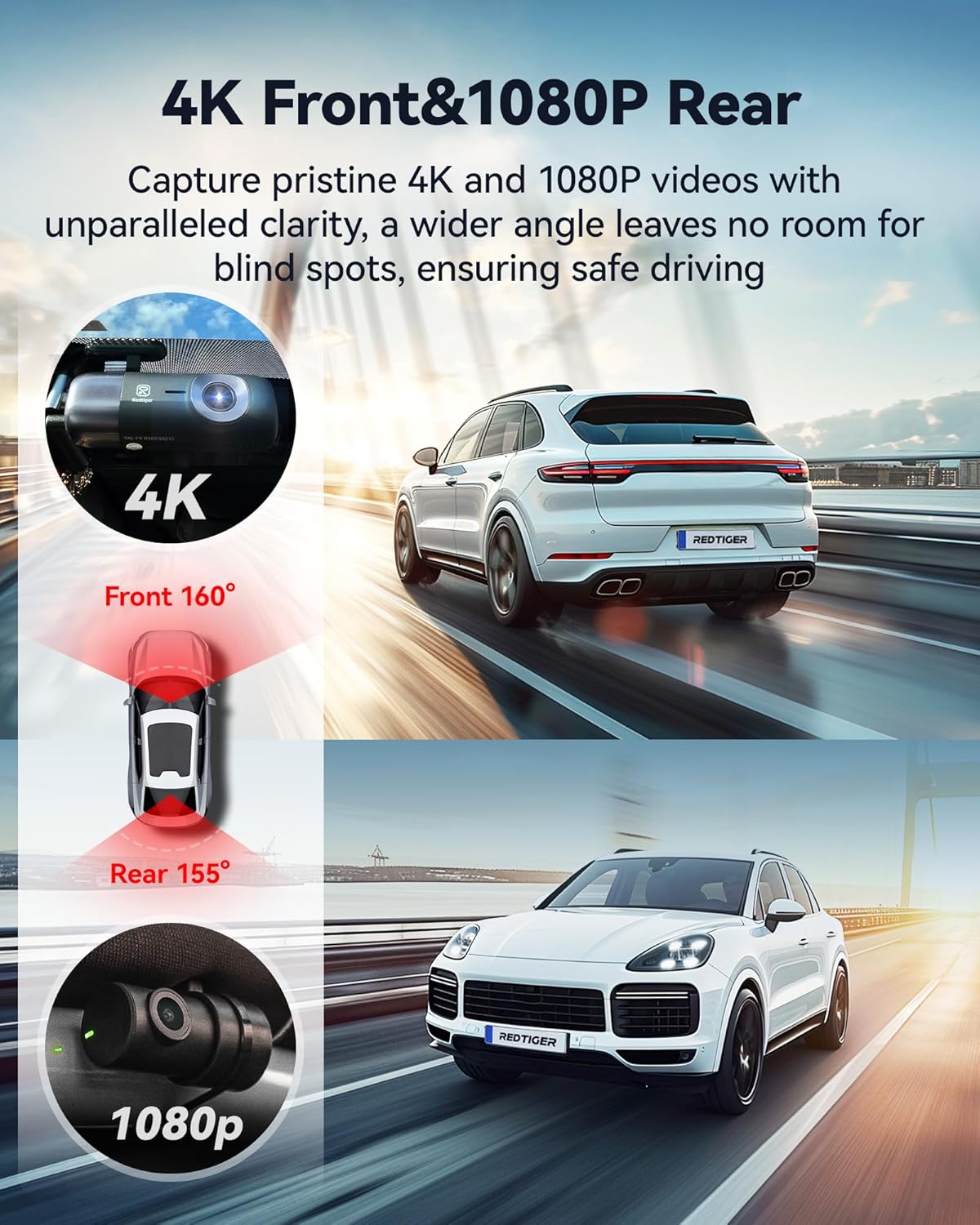 REDTIGER F9 Dash Cam 4K Front and Rear 1080P with Smart App Control,Dual Dash Cam for Cars with 32GB SD Card,GPS,Built-in WiFi,Night Vision,Parking Monitor,Loop Support 256GB Max