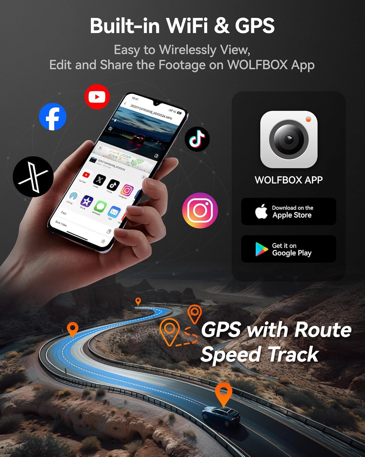 WOLFBOX i07 Dash Cam 3 Channel with WiFi GPS, 4K Dash Camera Front and Inside, 3 Way Dash Camera for Cars, 3" LCD Dash Cam Front and Rear, Super IR Night Vision, 24H Time Lapse, Support 512GB Max