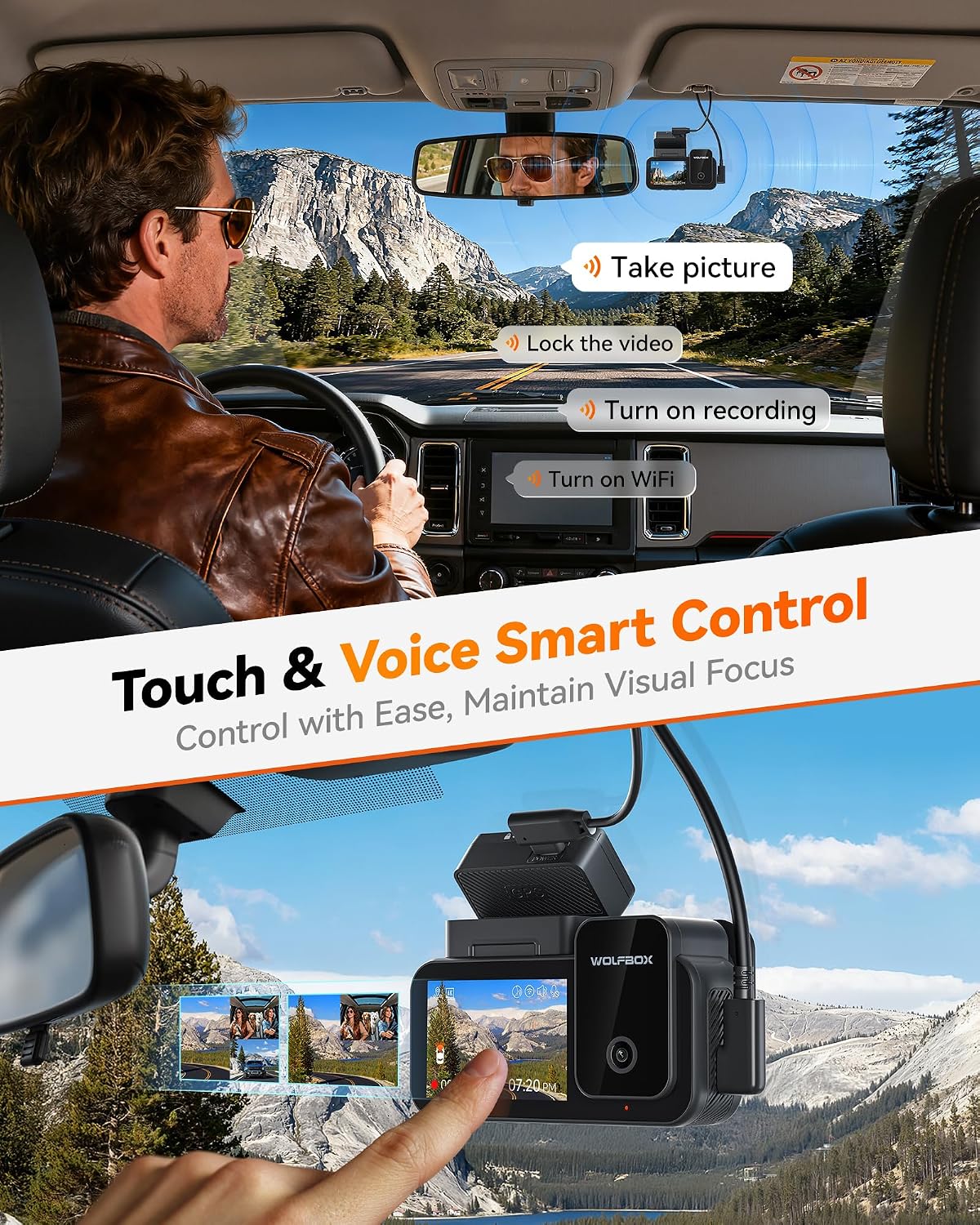 WOLFBOX X5 New 3 Channel 4K HDR Dash Cam, STARVIS 2 IMX678,4K+2.5K+1080P Front and Rear Inside Car Camera with 128GB Card, Voice Control, 5.8GHz WiFi GPS, Touch Screen, Digital Signal, Support 512GB