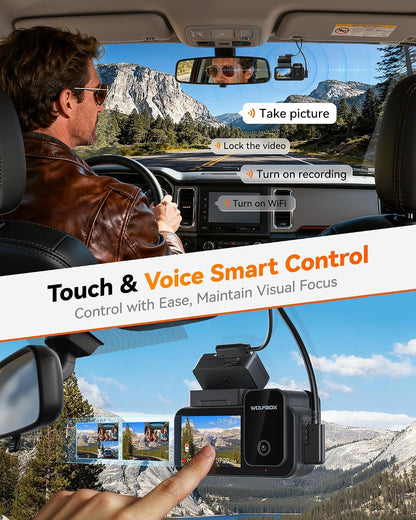 WOLFBOX X5 New 3 Channel 4K HDR Dash Cam, STARVIS 2 IMX678,4K+2.5K+1080P Front and Rear Inside Car Camera with 128GB Card, Voice Control, 5.8GHz WiFi GPS, Touch Screen, Digital Signal, Support 512GB