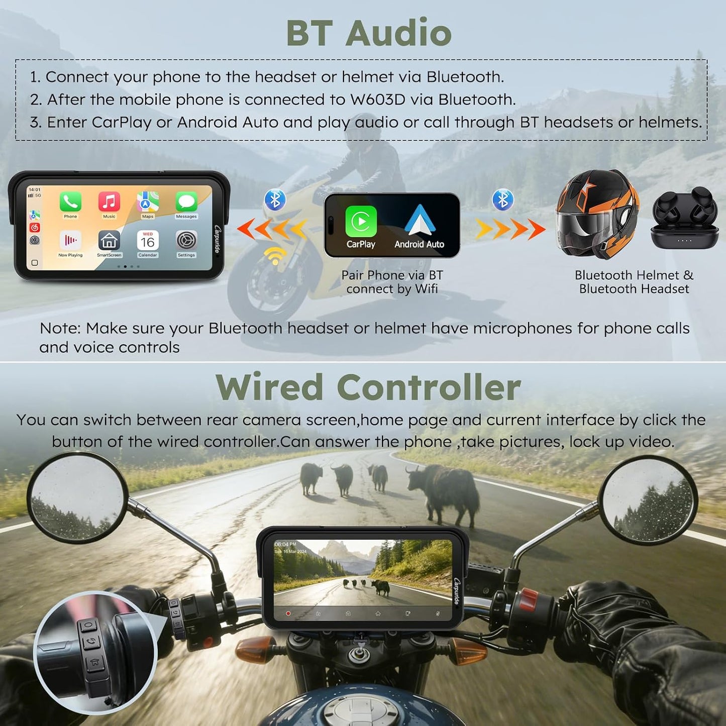 Carpuride Motorcycle GPS Carplay Screen, 6.3 Inch Wireless CarPlay and Android Car for Moto, with Dual Cameras and TPMS, Remote Control, IP67 Waterproof, BT Aduio, Loop Recording