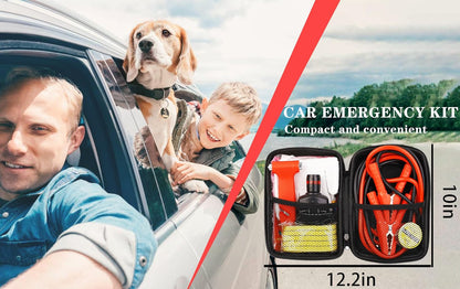 Car Roadside Emergency Kit, with Jumper Cables Automotive Kit,Car Safety Roadside Assistance Kit Headlamp,Tow Straps, Safety Hammers, Rainwear, Gloves.Black