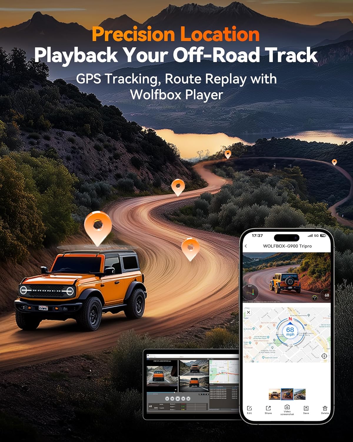 WOLFBOX G900 Tripro Bumper Version 3 Channel 4K Mirror Dash Cam, STARVIS 2 IMX678 Night Vision, 4K+2.5K+1080P Front and Rear Bumper Dash Cam, 5.8GHz WiFi, Voice Control, Includes 256GB Card & GPS
