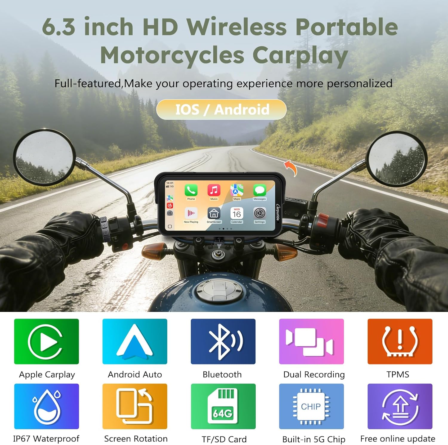 Carpuride Motorcycle GPS Carplay Screen, 6.3 Inch Wireless CarPlay and Android Car for Moto, with Dual Cameras and TPMS, Remote Control, IP67 Waterproof, BT Aduio, Loop Recording