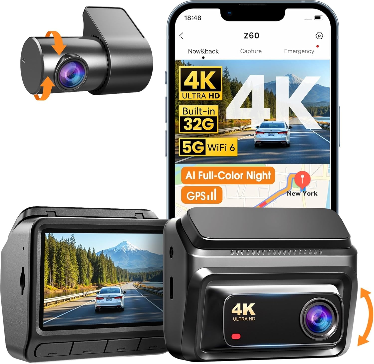 DDPAI 4K Dash Cam for Cars Front and Rear, 2160P+1080P Dashcam, 5GHz WiFi6 Car Dash Camera, 3" IPS with 32G eMMC GPS Night Vision 24H Parking Monitor ADAS G-Sensor Max Support 512G, Z60