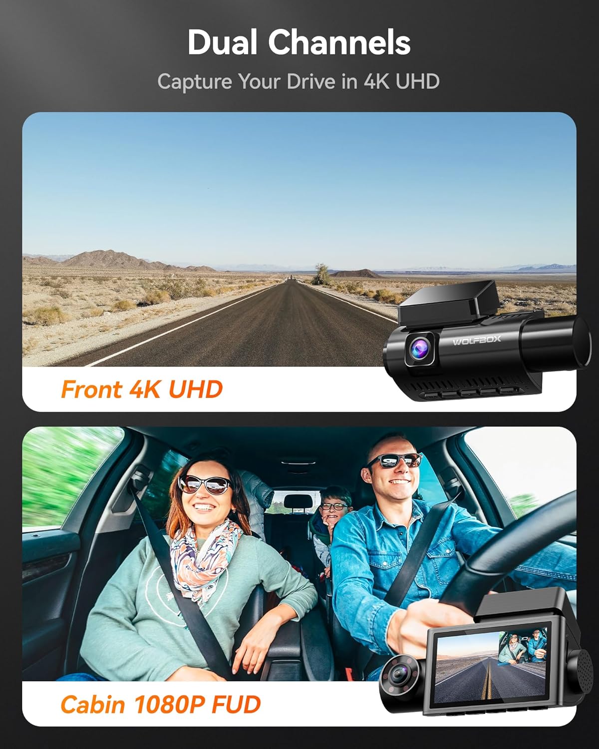 WOLFBOX i07 Dash Cam 3 Channel with WiFi GPS, 4K Dash Camera Front and Inside, 3 Way Dash Camera for Cars, 3" LCD Dash Cam Front and Rear, Super IR Night Vision, 24H Time Lapse, Support 512GB Max