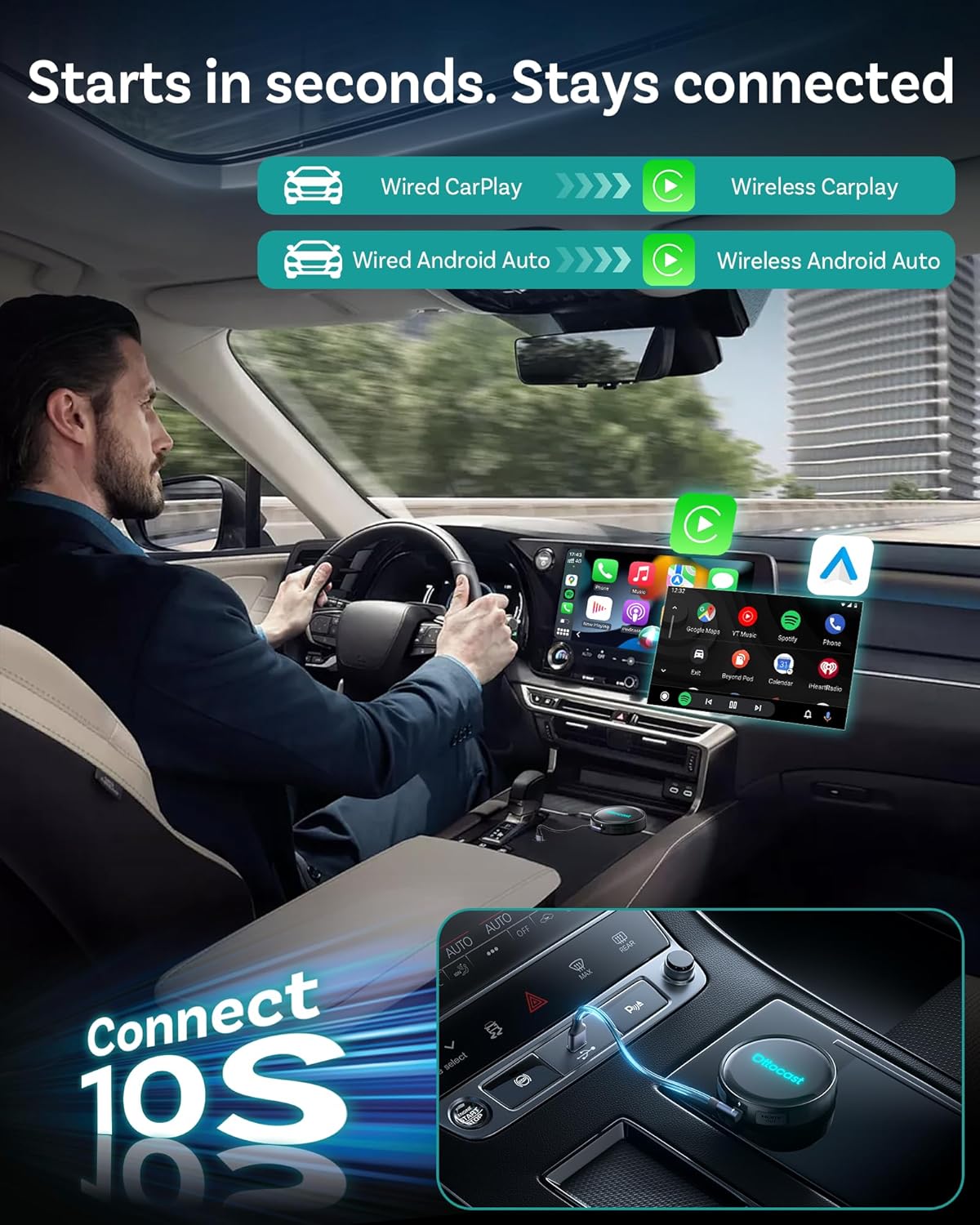 Ottocast P3 Pro OttoAibox Smart AI Car Box with Voice Assistant, Wireless CarPlay & Android Auto, HDMI Out, 5G WiFi Bluetooth 6, Cloud SIM, Split-Screen, Android 13 System