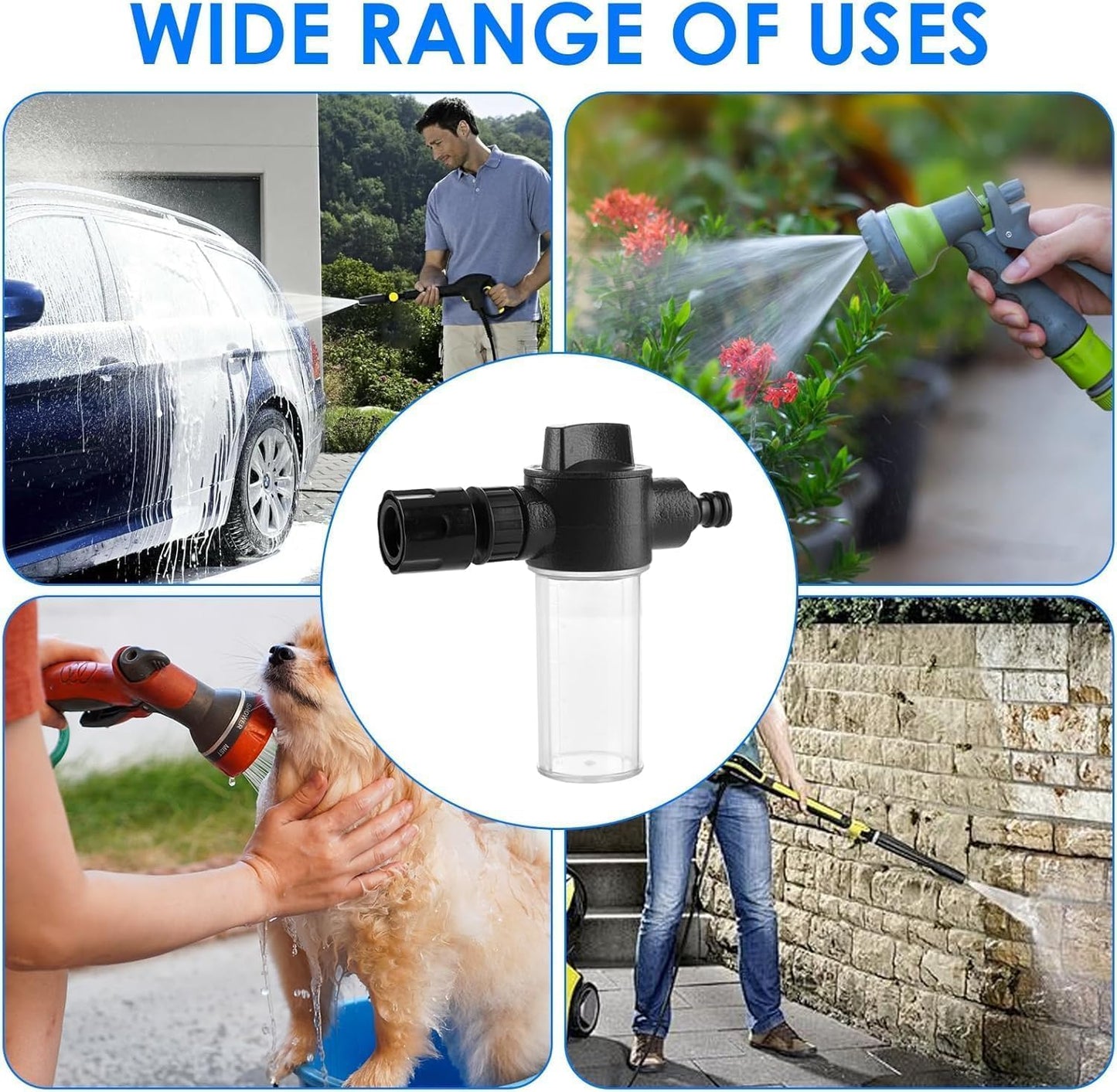 Adjustable High Pressure Garden Hose Foam Sprayer - Multi-Function Car Wash Water Gun with Foam Cannon, Jet Nozzle for Lawn, Plant Watering, Pet Shower & Home Cleaning