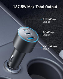 Anker Car Charger, 167.5W Max 3-Port Car Charger Adapter, USB-C Car Adapter for MacBook Pro/Air, iPhone 17/16 Series, Samsung S26/ S25/ S24, iPad, Huawei, Xiaomi, Vivo, Oppo(USB-C to C Cable Included)