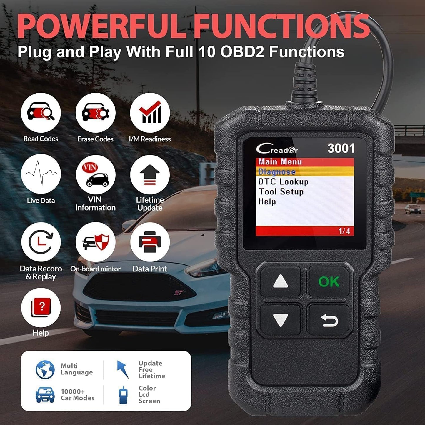 جهاز كشف أعطال السيارات لونش كريدر 3001 بنظام OBD2 لفحص أعطال لمبة فحص المحرك وحساس الأكسجين، أداة تشخيص السيارات لجميع بروتوكولات OBDII منذ 1996