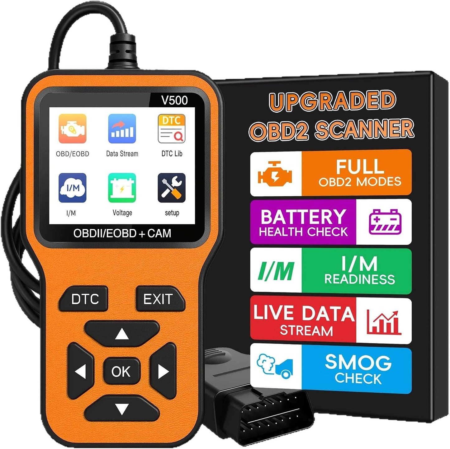 ماسح تشخيصي OBD2 V500، قارئ رموز ضوء المحرك لسيارات البنزين، كاشف الاعطال واداة اعادة الضبط مع تدفق البيانات، مكتبة دي تي سي، جاهزية I/M، فحص الجهد