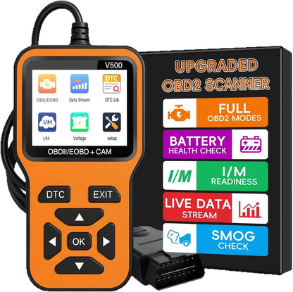 ماسح تشخيصي OBD2 V500، قارئ رموز ضوء المحرك لسيارات البنزين، كاشف الاعطال واداة اعادة الضبط مع تدفق البيانات، مكتبة دي تي سي، جاهزية I/M، فحص الجهد