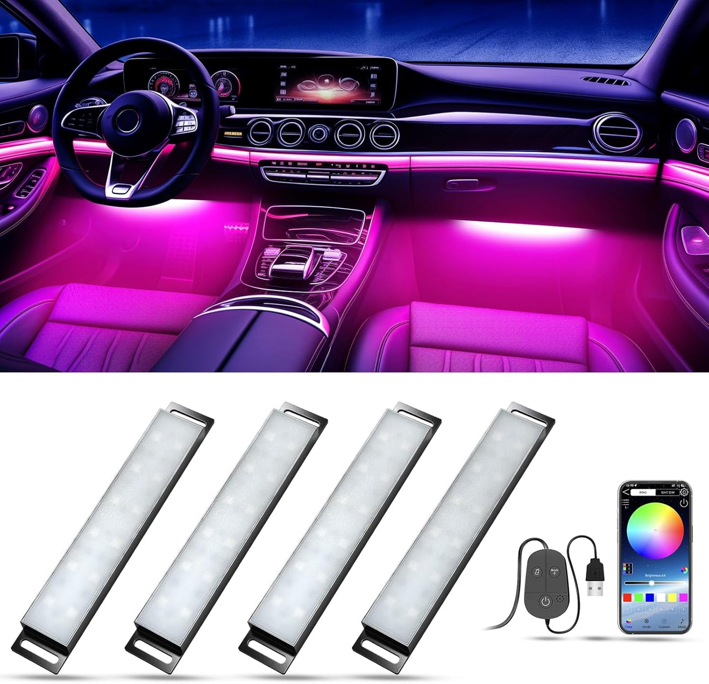 مصباح داخلي LED ذكي للسيارة من هوناليا مع تطبيق تحكم ومزامنة الموسيقى بالوان RGB متغيرة لتزيين السيارة الداخلية، شريط اضاءة نيون صلب متعدد الالوان مع منفذ USB للنساء والرجال والاصدقاء تيار مستمر 5