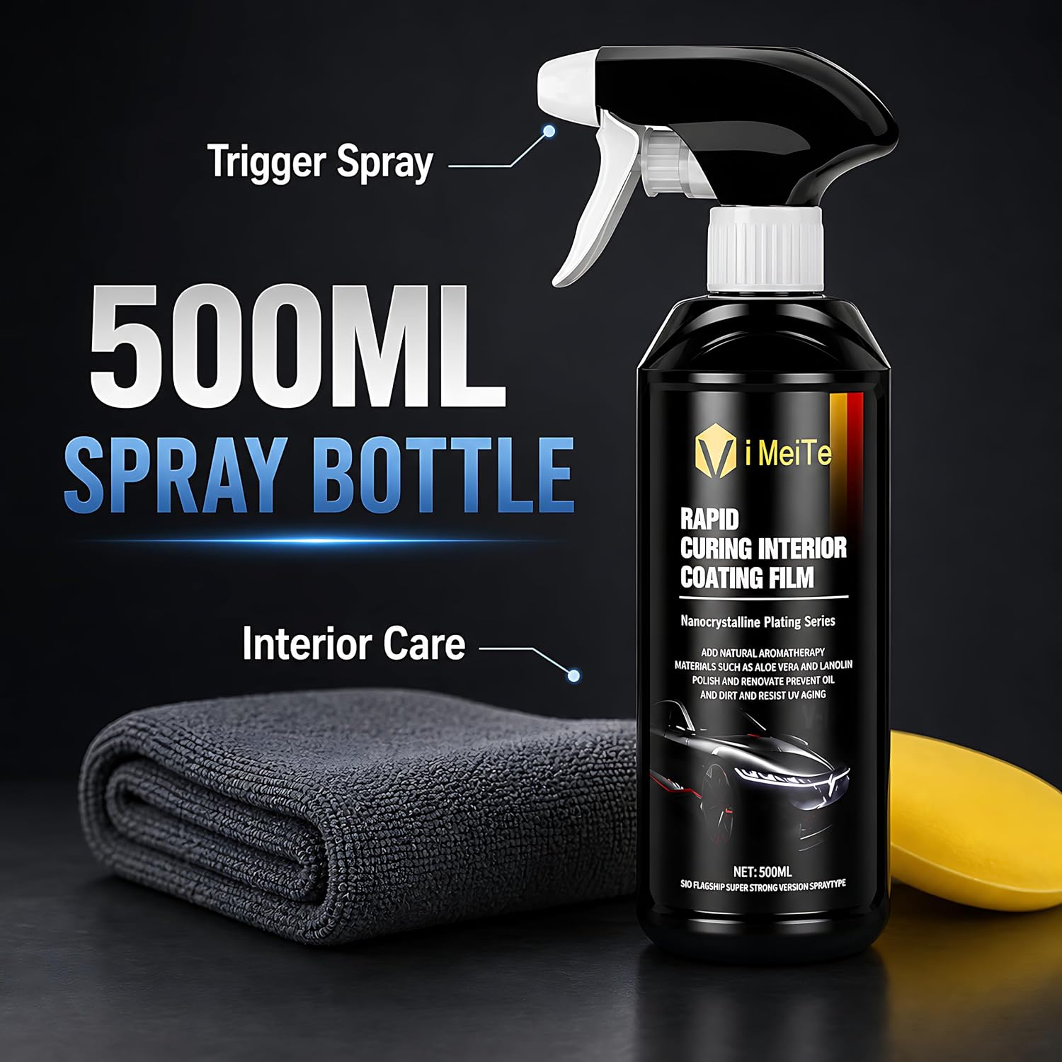 ViBon Car Interior Care Spray Kit, 500ml Dashboard Plastic Leather Trim Detailer with Microfiber Towel and Sponge Pad, Spray and Wipe Interior Coating Film for Car Seats, Door Panels, Console and Trim