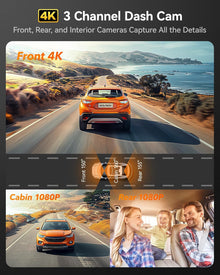 WOLFBOX i17 4K 3 Channel Dash Cam, 5.8GHz WiFi & GPS with 64GB Card, 4K+1080P+1080P Dash Cam Front and Rear Inside, Triple Car Camera with 3 Inch Screen, IR Night Vision, WDR, 24H Parking Mode