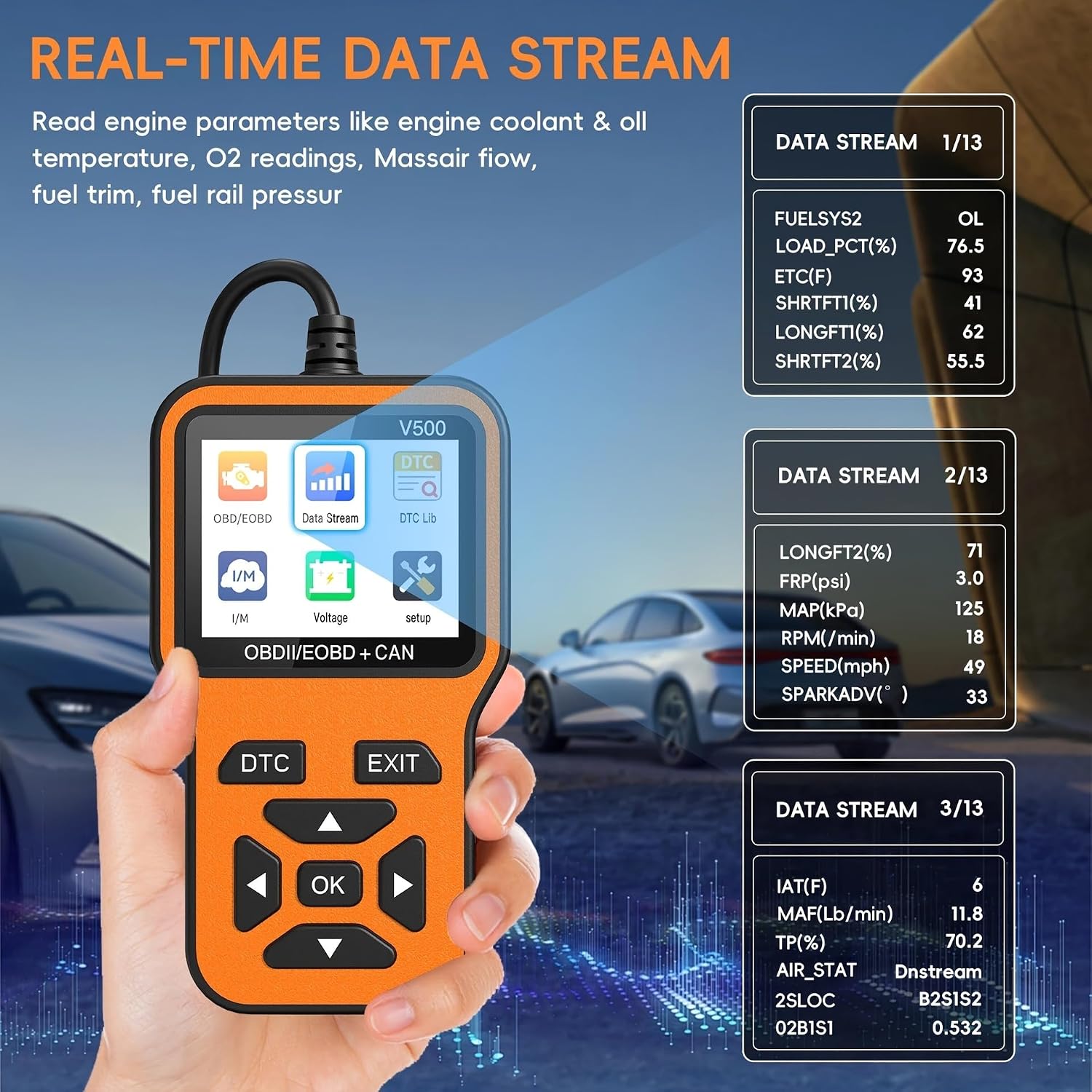 ماسح تشخيصي OBD2 V500، قارئ رموز ضوء المحرك لسيارات البنزين، كاشف الاعطال واداة اعادة الضبط مع تدفق البيانات، مكتبة دي تي سي، جاهزية I/M، فحص الجهد