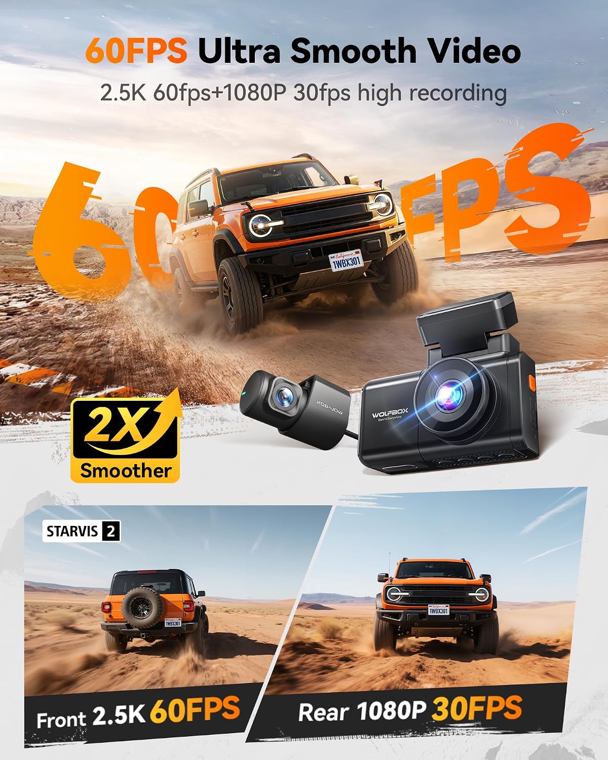 WOLFBOX X3 2.5K 60FPS Dash Camera, STARVIS 2 IMX675 with ADAS, 2.5K+1080P Dual Dashcam Front and Rear Camera, Built-in 5.8GHz WiFi & GPS, Included 64GB Card, Touch Screen, G-Sensor, Loop Recording