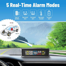 نظام مراقبة ضغط الإطارات مع شاحن شمسي، TPMS 4 مستشعرات، ضغط ودرجة الحرارة في الوقت الحقيقي، شاشة LCD 5 أوضاع إنذار، سهل التركيب للسيارة، RV، SUV، MPV (خارجي)
