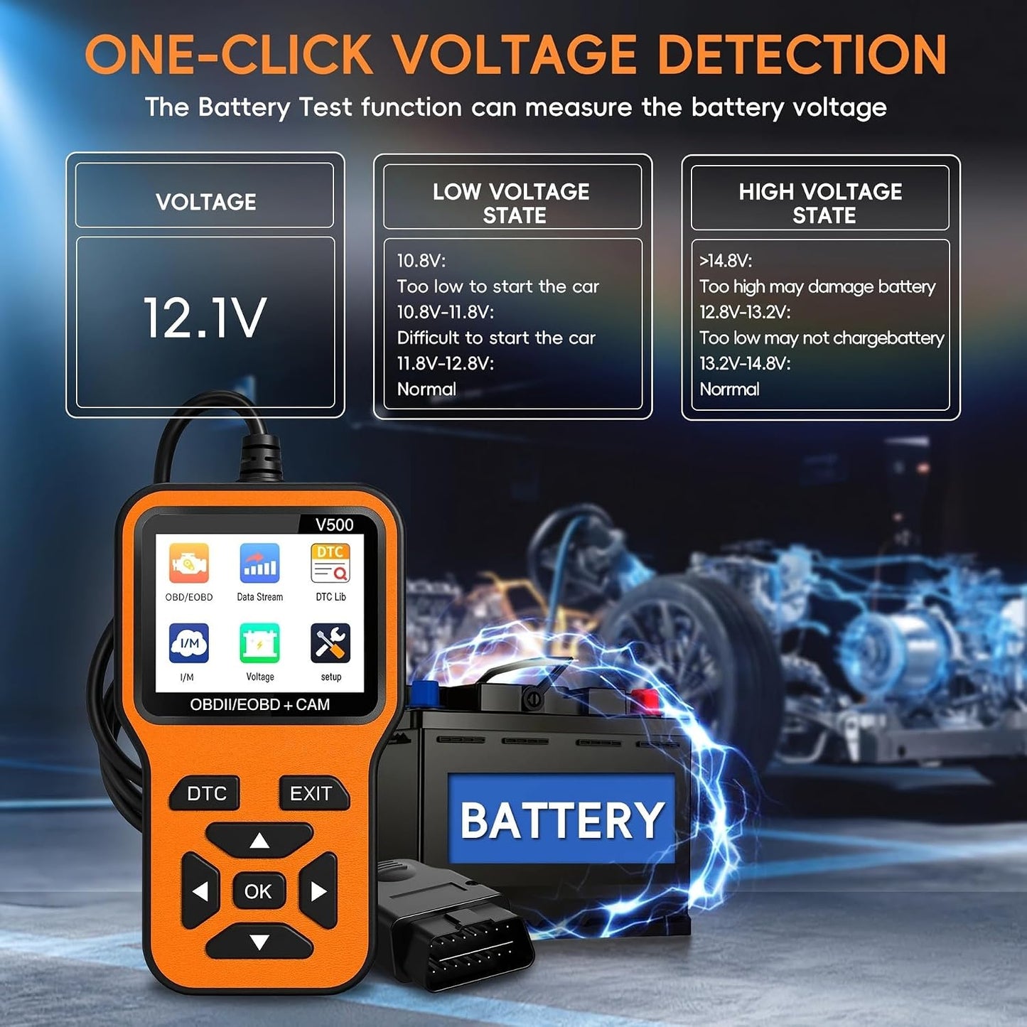 ماسح تشخيصي OBD2 V500، قارئ رموز ضوء المحرك لسيارات البنزين، كاشف الاعطال واداة اعادة الضبط مع تدفق البيانات، مكتبة دي تي سي، جاهزية I/M، فحص الجهد