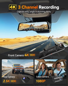 WOLFBOX G900 Tripro Cabin Version 3-Channel 4K Rear View Mirror Dash Cam for Cars, 8MP STARVIS IMX678 Night Vision, 4K+1080P+2.5K Front Inside & Rear Car Dash Camera, 5.8GHz WiFi, Voice Control, 256GB