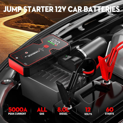 FNNEMGE Car Jump Starter, 5000A Peak 23800mAh 12V Jump Starter Battery Pack(Up to All Gas, 8.0L Diesel Engine),with USB Charge Output Port,LED Light,HD Large Screen
