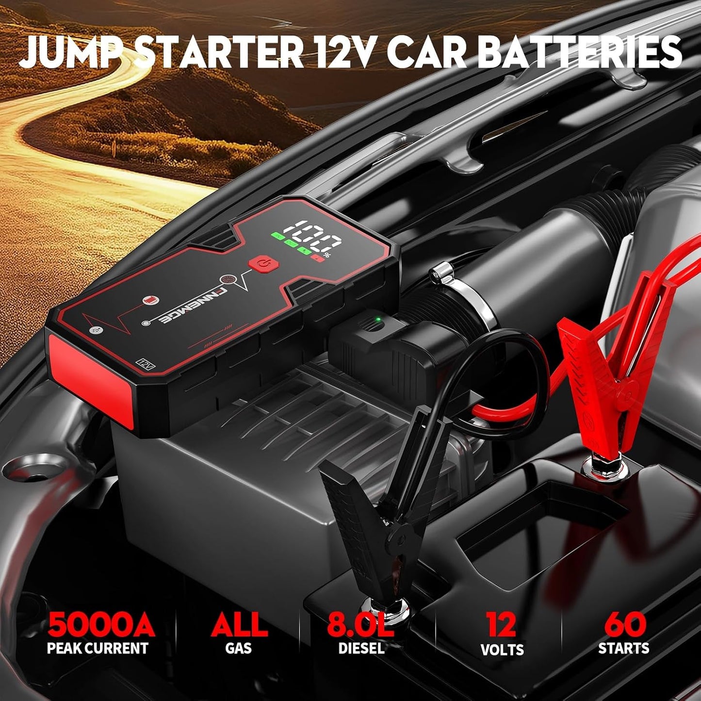 FNNEMGE Car Jump Starter, 5000A Peak 23800mAh 12V Jump Starter Battery Pack(Up to All Gas, 8.0L Diesel Engine),with USB Charge Output Port,LED Light,HD Large Screen