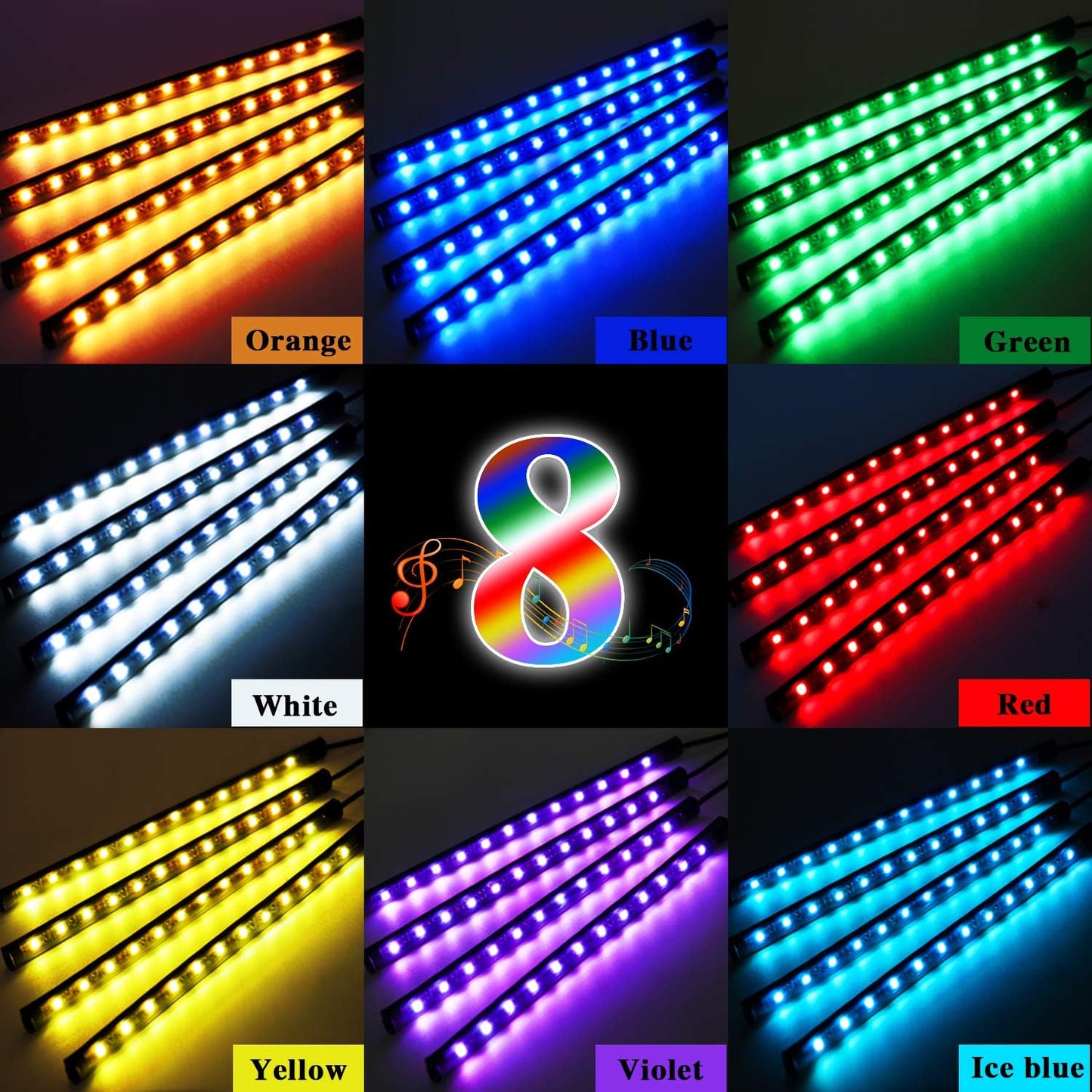 ليف تي مصابيح LED داخلية للسيارة، 4 قطع 48 LED متعددة الالوان، اكسسوارات داخلية للسيارة تحت لوحة العدادات مقاومة للماء مع وظيفة الصوت النشط وجهاز تحكم عن بعد لاسلكي، شاحن سيارة متضمن