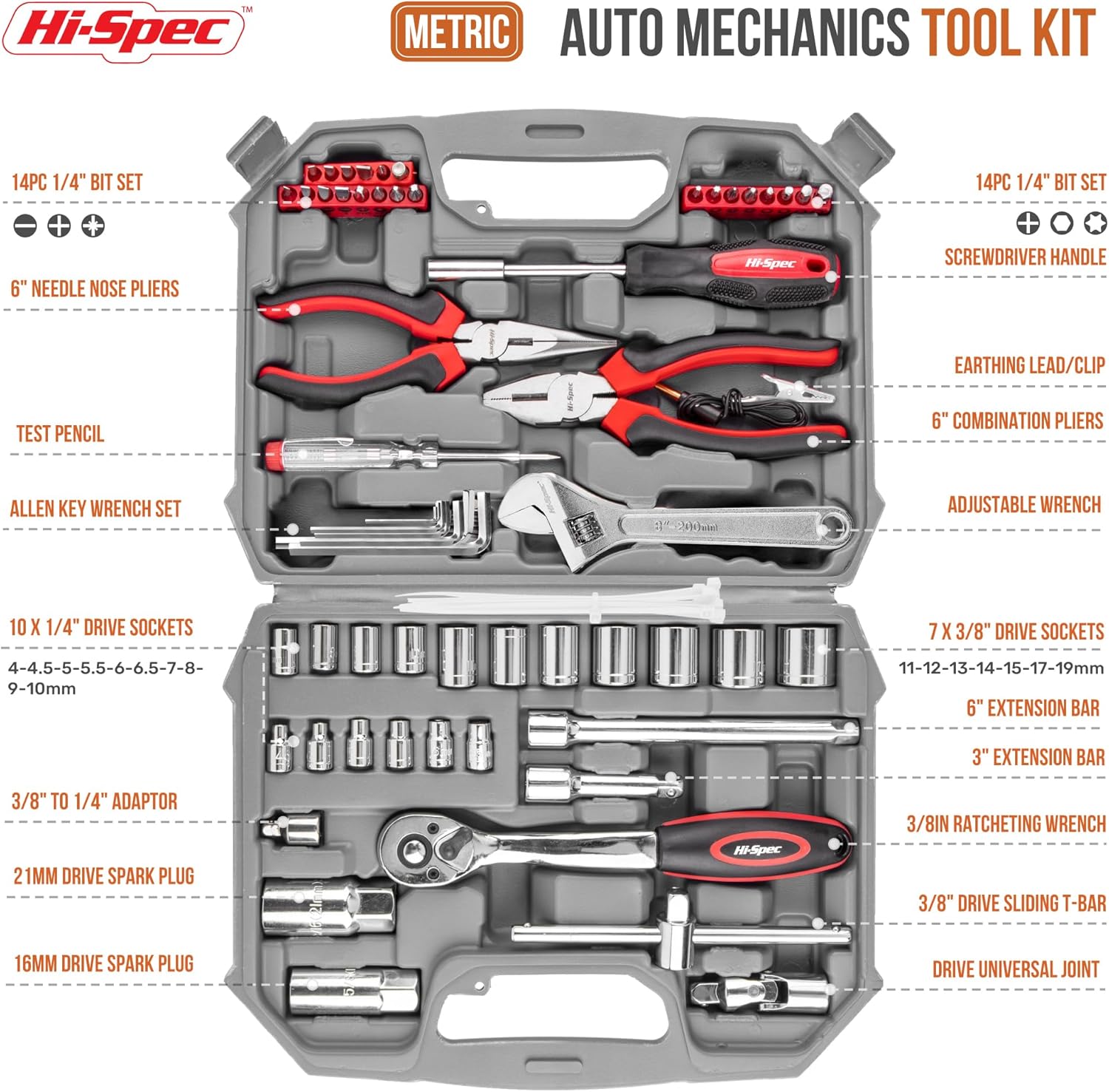 Hi-Spec 67-Piece Auto Mechanics Tool Set for Car Repair, Vehicle Maintenance and DIY Use