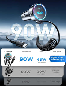 شاحن سيارة 2026 90 واط 3 منافذ USB C، PD3.0 وQC3.0، مقبس ولاعة سجائر USB C فائق السرعة مع 5 قدم [حافظ على الترتيب] كيبل ملفوف سريع 45 واط من النوع C لايفون 17 وسامسونج S25