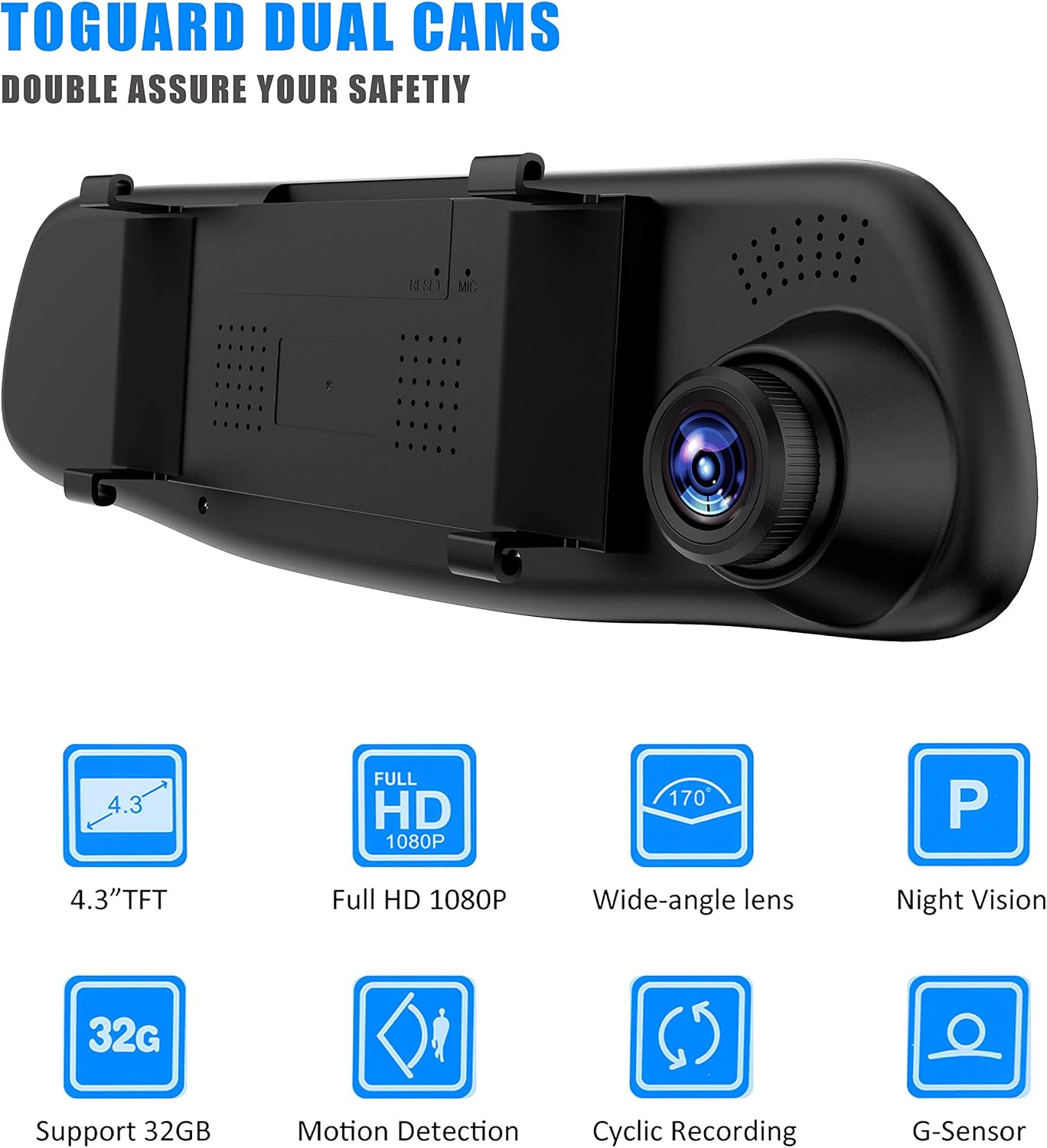كاميرات داش كام للسيارات الأمامية والخلفية من إيسينلونج، عدسة مزدوجة عالية الدقة 1080P 4.3 بوصة، كاميرا DVR مرآة الرؤية الخلفية للسيارة مسجل فيديو داش كام