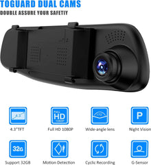 كاميرات داش كام للسيارات الأمامية والخلفية من إيسينلونج، عدسة مزدوجة عالية الدقة 1080P 4.3 بوصة، كاميرا DVR مرآة الرؤية الخلفية للسيارة مسجل فيديو داش كام