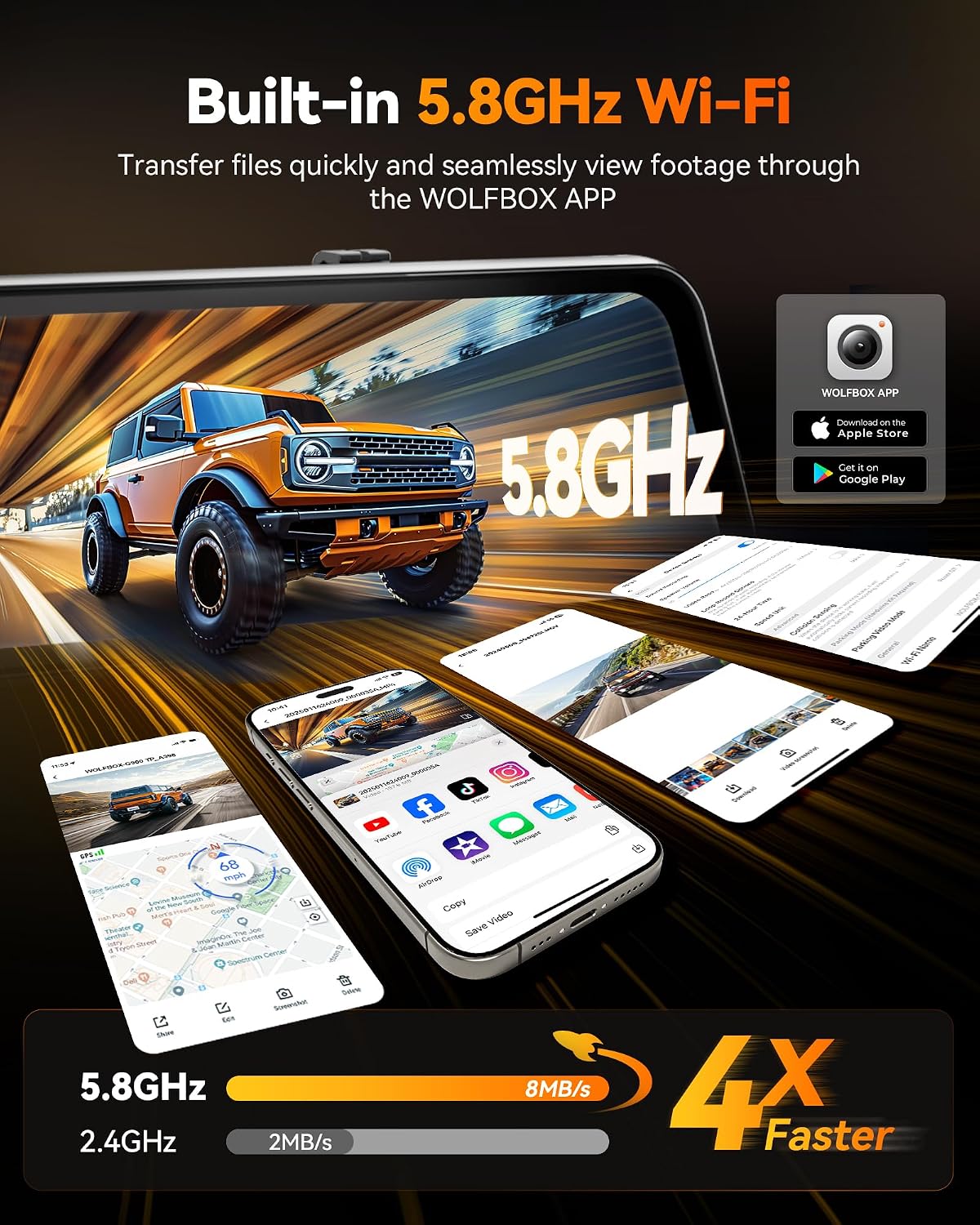 WOLFBOX G900 Tripro Cabin Version 3-Channel 4K Rear View Mirror Dash Cam for Cars, 8MP STARVIS IMX678 Night Vision, 4K+1080P+2.5K Front Inside & Rear Car Dash Camera, 5.8GHz WiFi, Voice Control, 256GB