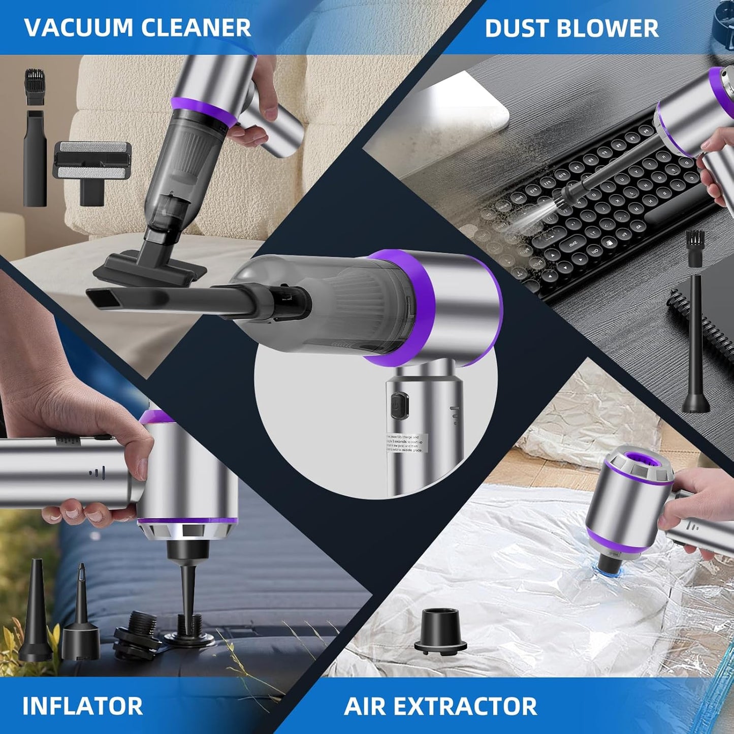 Car Vacuum Cleaner Cordless,Wireless Mini Vacuum Cleaner 4-in-1 Small Compressed Air Duster & Air Blower & Pump，Portable Handheld Vacuum with Brushless Motor for Car, Home, Office,Camping