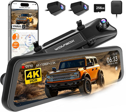 WOLFBOX G900 Tripro Bumper Version 3 Channel 4K Mirror Dash Cam, STARVIS 2 IMX678 Night Vision, 4K+2.5K+1080P Front and Rear Bumper Dash Cam, 5.8GHz WiFi, Voice Control, Includes 256GB Card & GPS