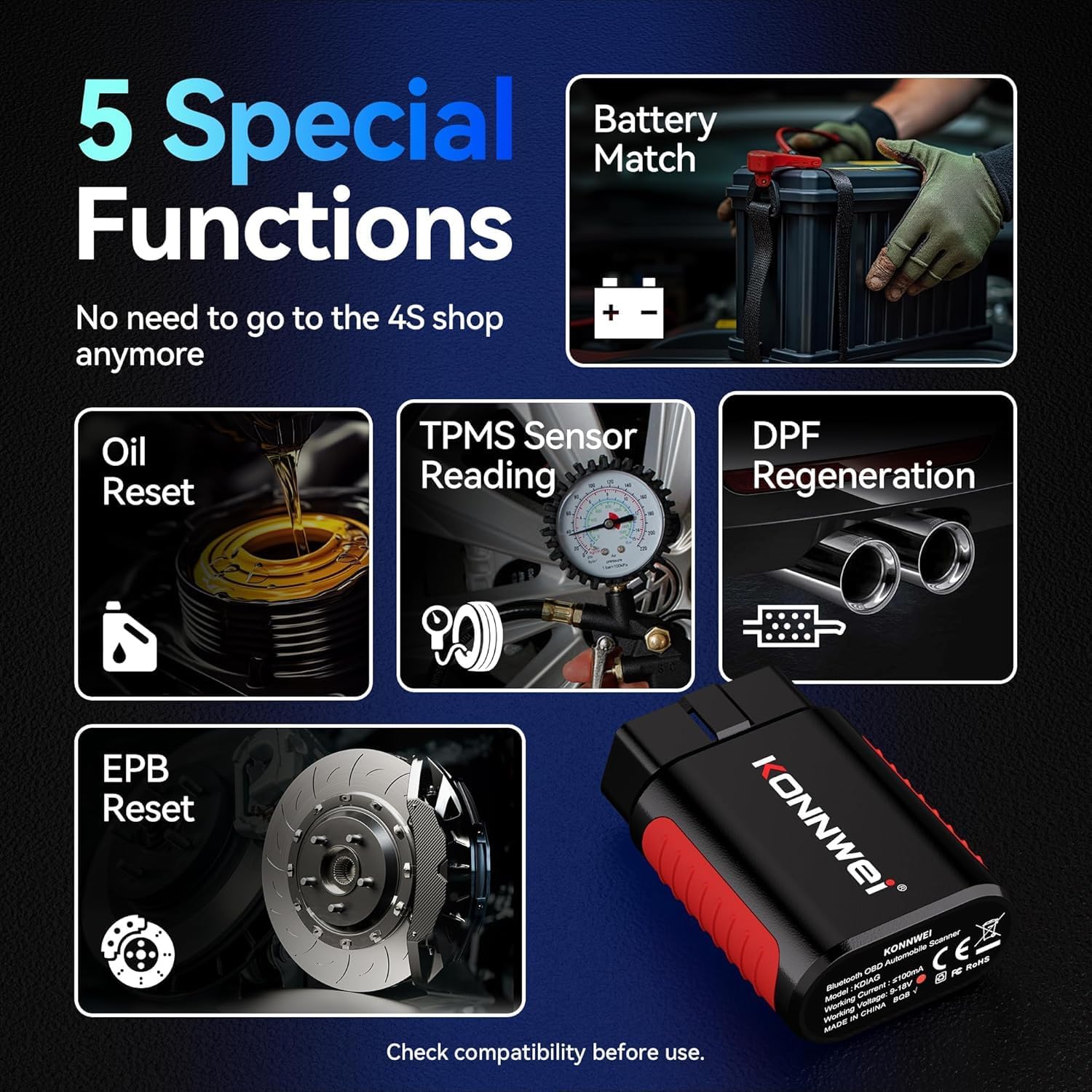 ماسح ضوئي OBD2 بلوتوث KDIAG - أداة تشخيص كاملة للسيارة لمحرك، ناقل حركة، ABS، TPMS، تكييف، توجيه، بطارية، أخرى، مع تحكم مزدوج الاتجاه، إعادة ضبط الزيت/EPB/DPF/BMS، تطبيق iOS Android