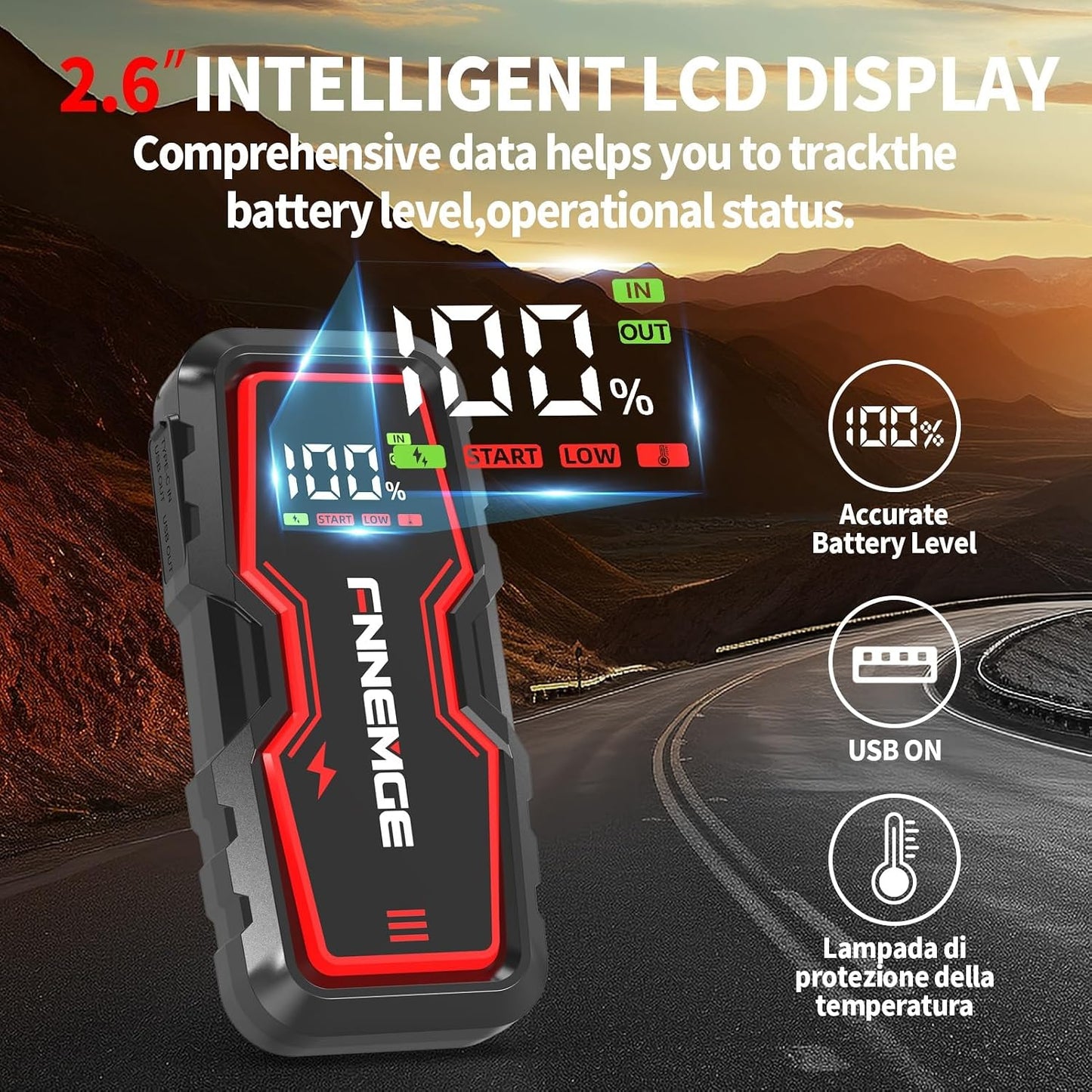 FNNEMGE Car Jump Starter, 9000A Peak 26800mAh 12V Jump Starter Battery Pack(Up to All Gas, 10.0L Diesel Engine),with USB Charge Output Port,LED Light,HD Large Screen
