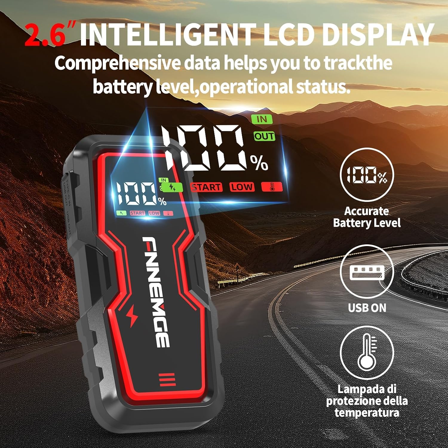 FNNEMGE Car Jump Starter, 9000A Peak 26800mAh 12V Jump Starter Battery Pack(Up to All Gas, 10.0L Diesel Engine),with USB Charge Output Port,LED Light,HD Large Screen