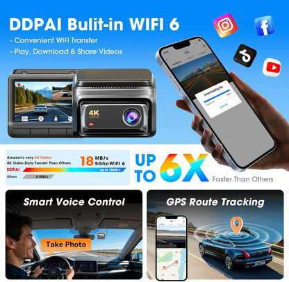 DDPAI 4K Dash Cam for Cars Front and Rear, 2160P+1080P Dashcam, 5GHz WiFi6 Car Dash Camera, 3" IPS with 32G eMMC GPS Night Vision 24H Parking Monitor ADAS G-Sensor Max Support 512G, Z60