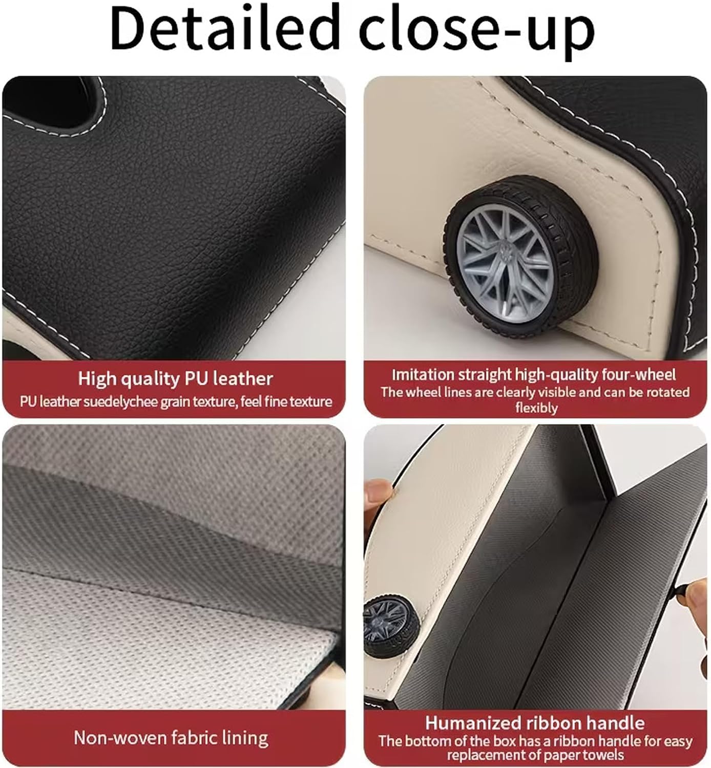 Car-Shaped Tissue Box Holder, PU Leather Tissue Case with Anti-Slip Base, Auto Interior Organizer Napkin Holder, Luxury Car Accessories for Dashboard (Black and beige)