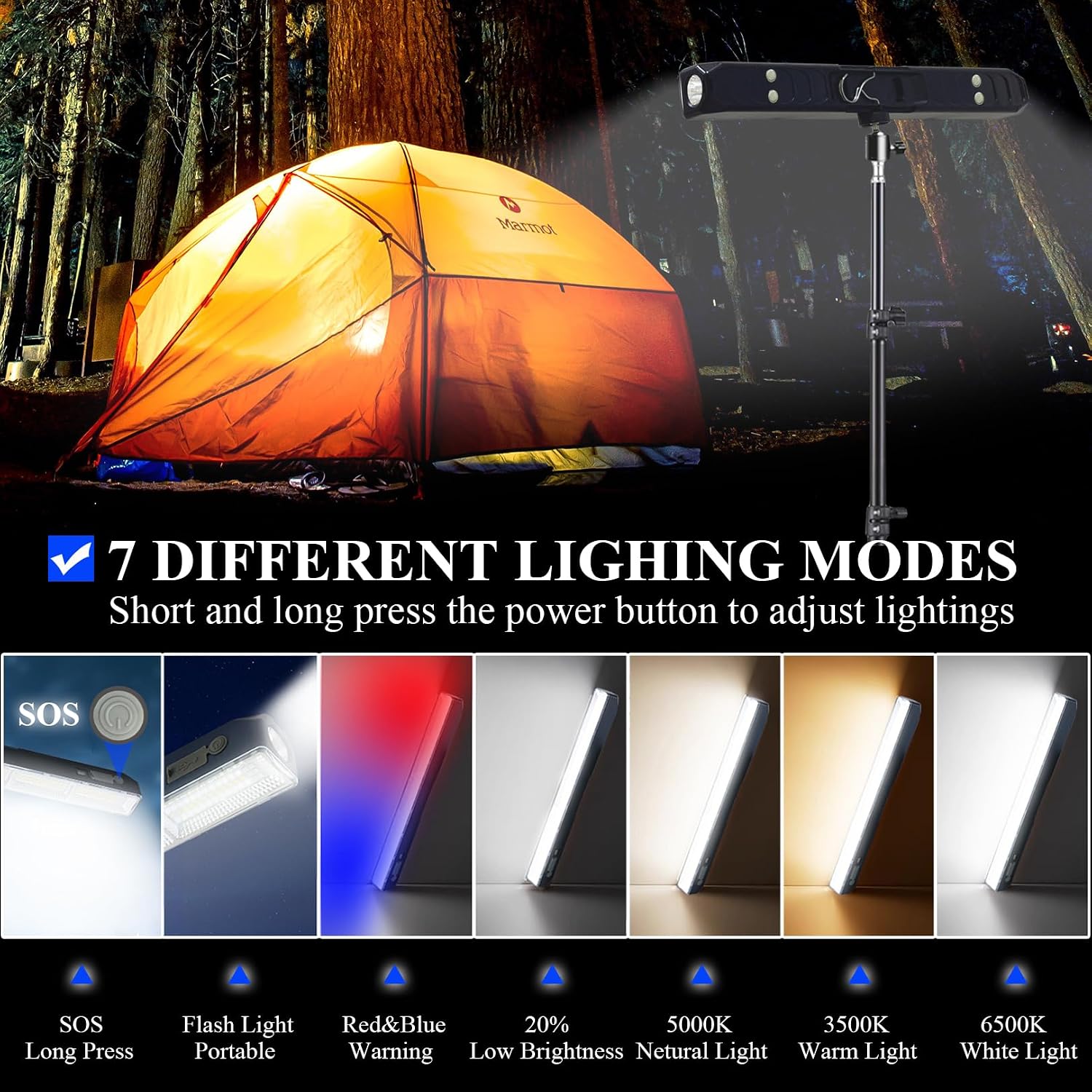 BOYKIM Camping Light, Portable Rechargeable Work Light with Detachable Tripod Stand,8000 Lumen Cordless Light Bar Flashlight for Outdoor Fishing Hiking Adventure Emergency