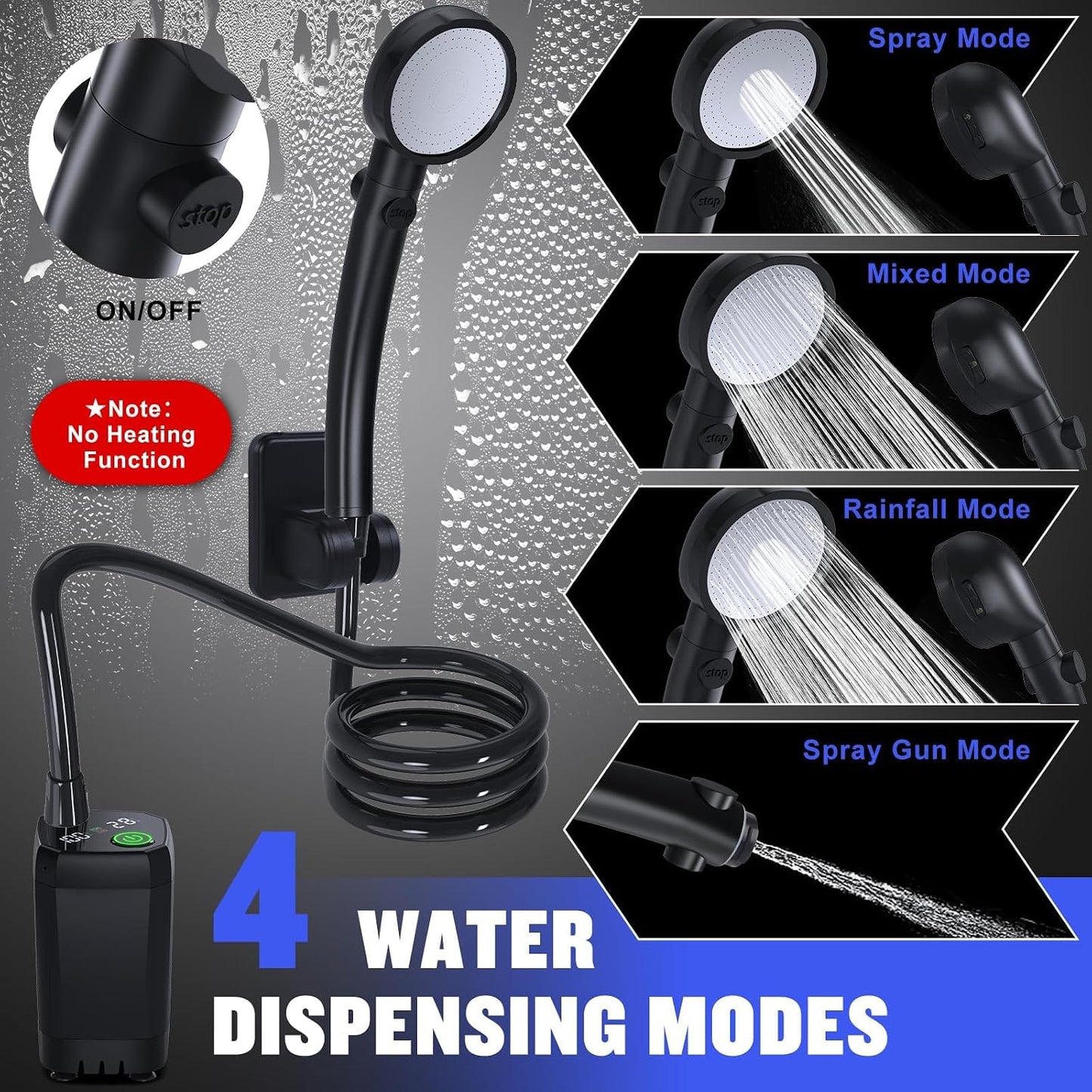 Portable Shower for Camping, 6000mAh Rechargeable Camping Shower Pump with LED Display of Battery Level and Temperature, 4 Spray Modes, IPX7 Waterproof Outdoor Camp Pump for Hiking, Travel, Car
