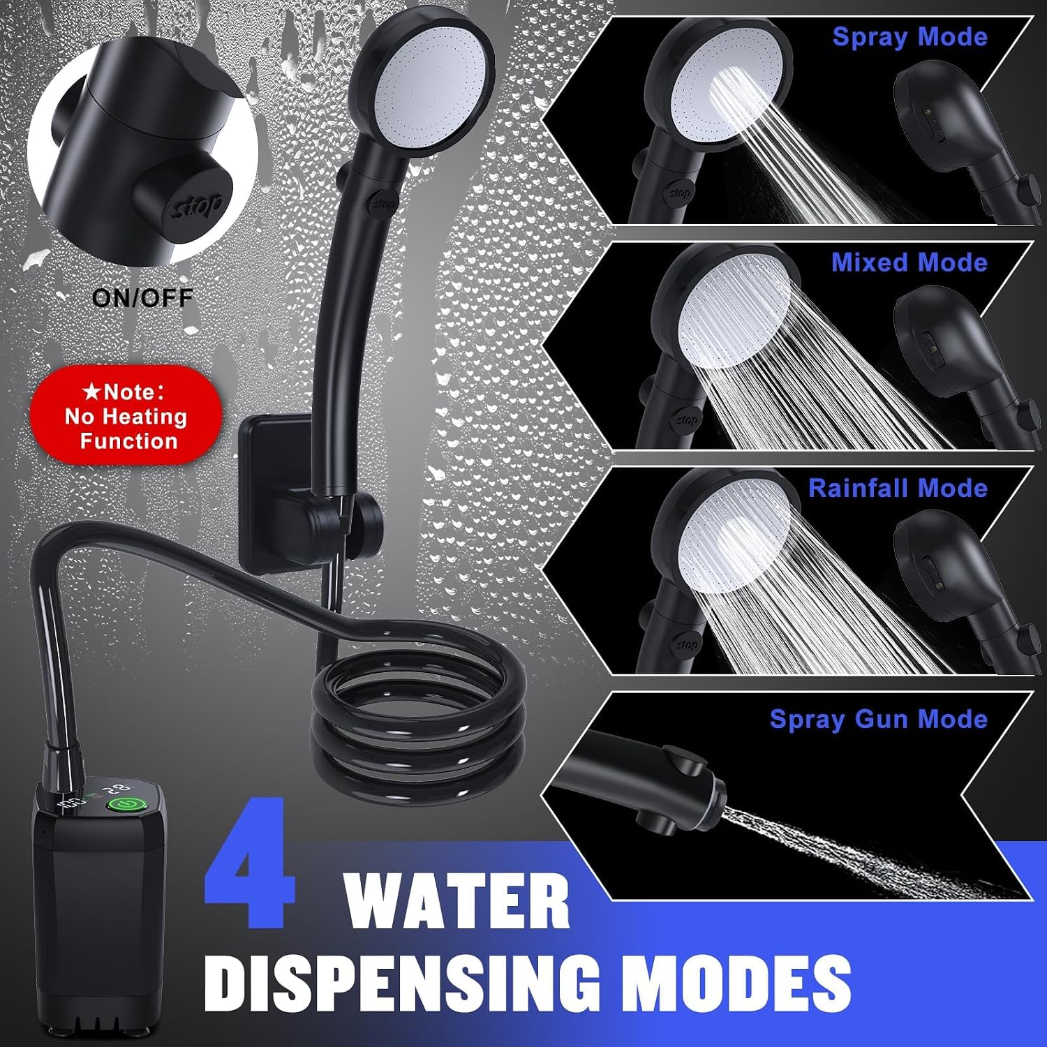 Portable Shower for Camping, 6000mAh Rechargeable Camping Shower Pump with LED Display of Battery Level and Temperature, 4 Spray Modes, IPX7 Waterproof Outdoor Camp Pump for Hiking, Travel, Car