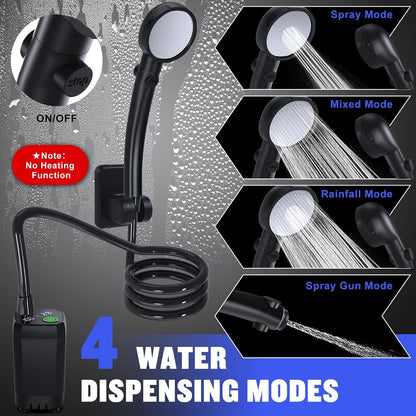 Portable Shower for Camping, 6000mAh Rechargeable Camping Shower Pump with LED Display of Battery Level and Temperature, 4 Spray Modes, IPX7 Waterproof Outdoor Camp Pump for Hiking, Travel, Car
