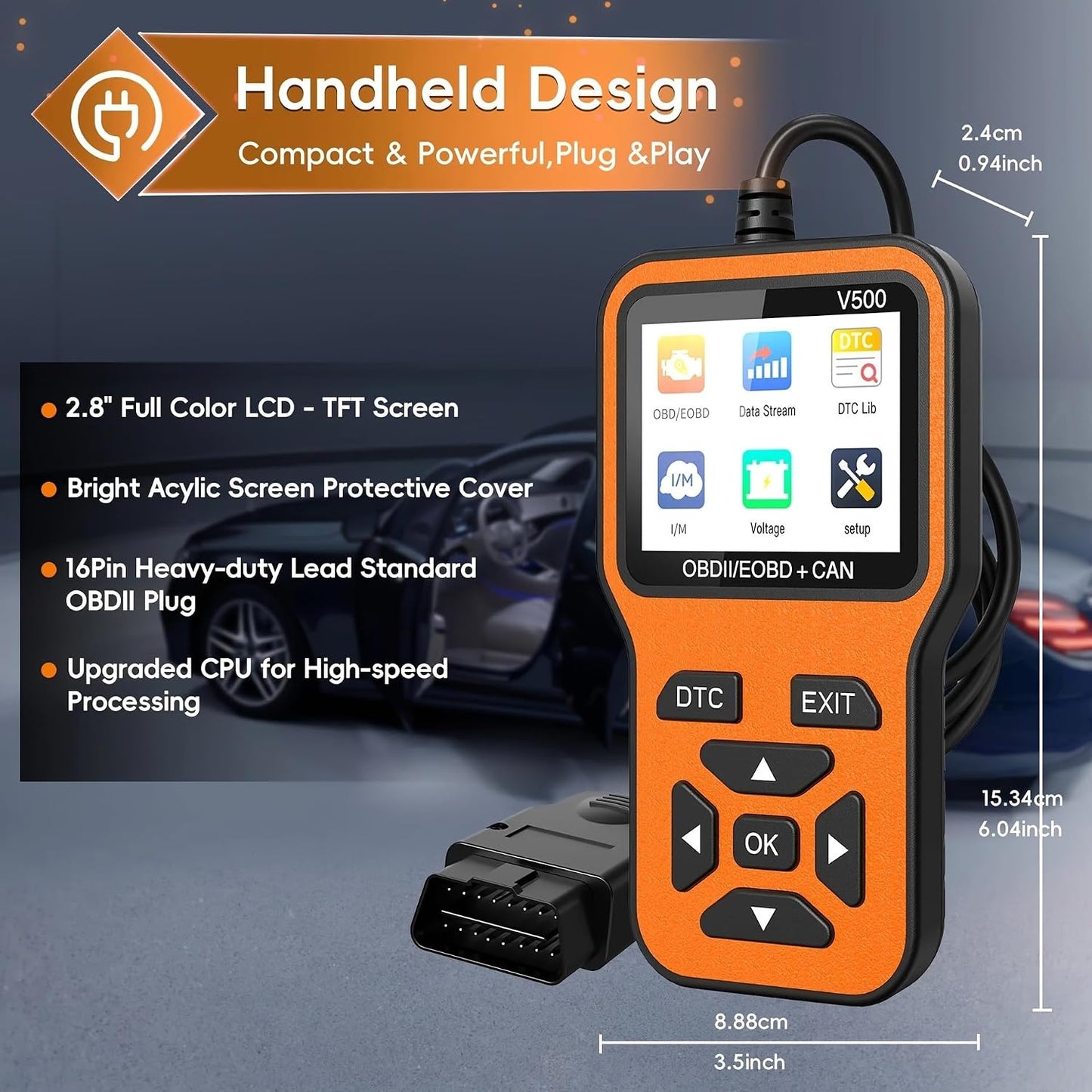 ماسح تشخيصي OBD2 V500، قارئ رموز ضوء المحرك لسيارات البنزين، كاشف الاعطال واداة اعادة الضبط مع تدفق البيانات، مكتبة دي تي سي، جاهزية I/M، فحص الجهد