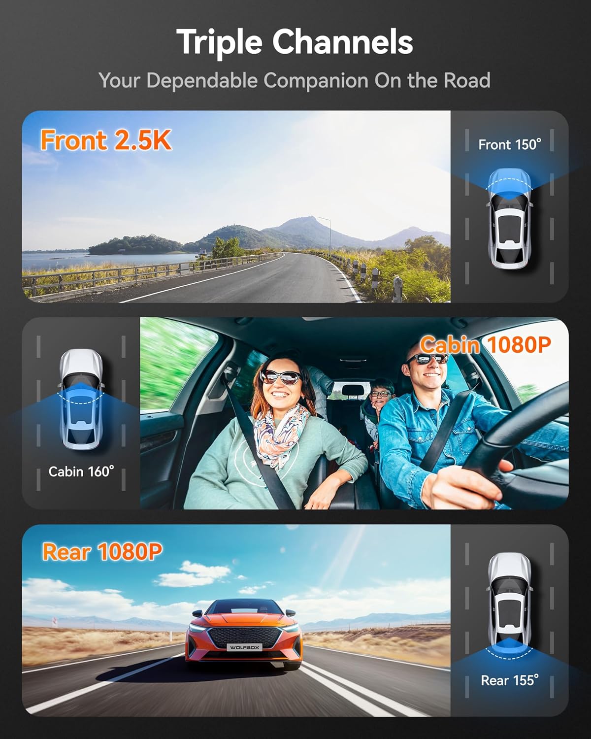 WOLFBOX i07 Dash Cam 3 Channel with WiFi GPS, 4K Dash Camera Front and Inside, 3 Way Dash Camera for Cars, 3" LCD Dash Cam Front and Rear, Super IR Night Vision, 24H Time Lapse, Support 512GB Max