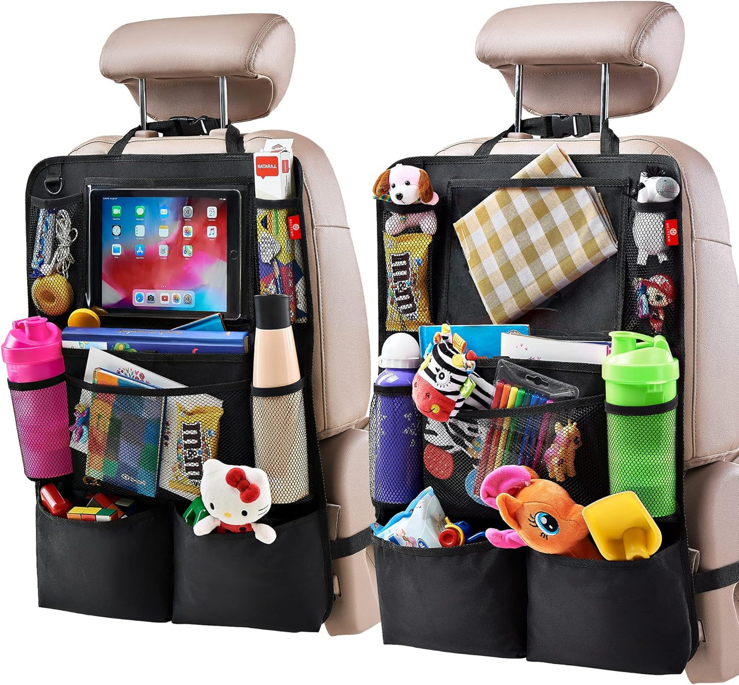 Helteko H Backseat Car Organizer, Kick Mats Back Seat Protector with Touch Screen Tablet Holder, Car Back Seat Organizer for Kids, Car Travel Accessories, Kick Mat with 9 Storage Pockets 2 Pack