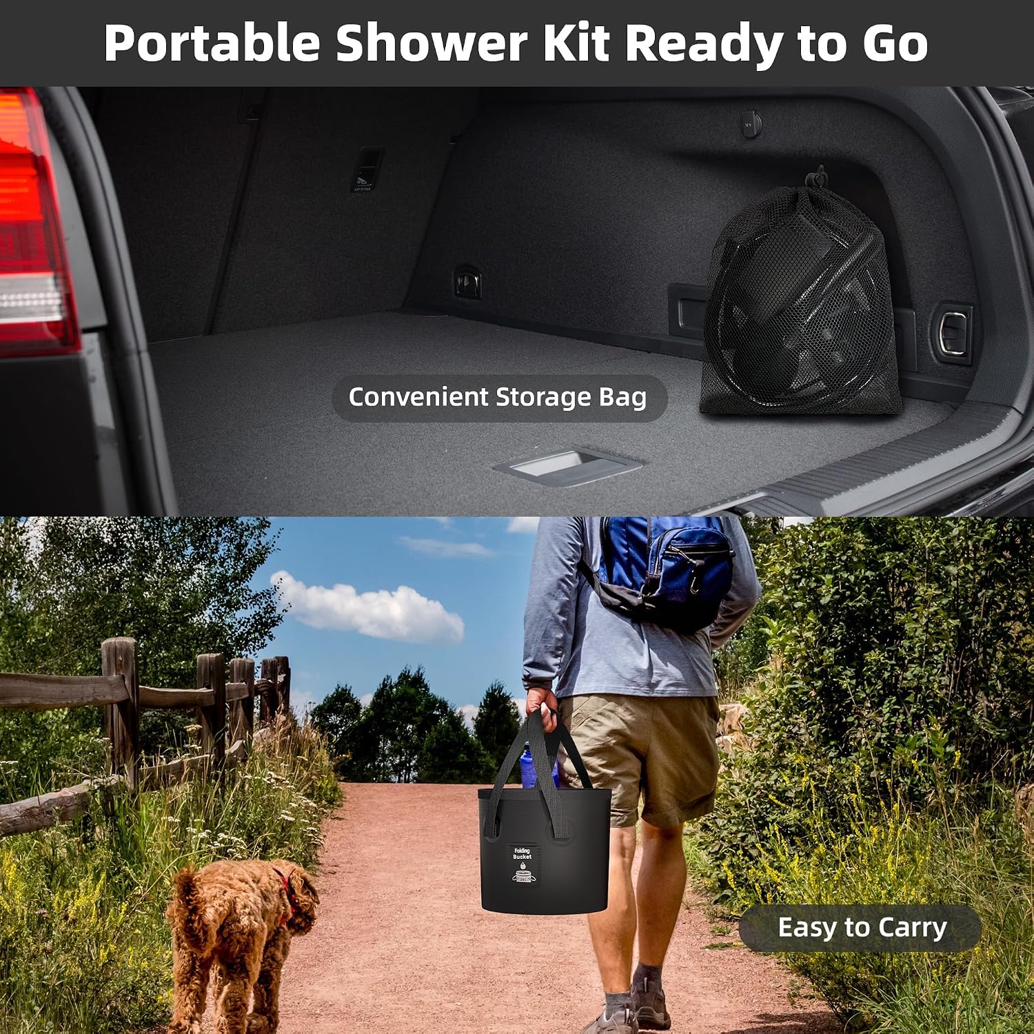 Portable Shower, 6000mAh Rechargeable Camping Shower Pump with 20L Foldable Bucket, Outdoor Shower for Hiking Beach, Travel, Pet Bath, Car Washing, Surf & Boat Cleaning
