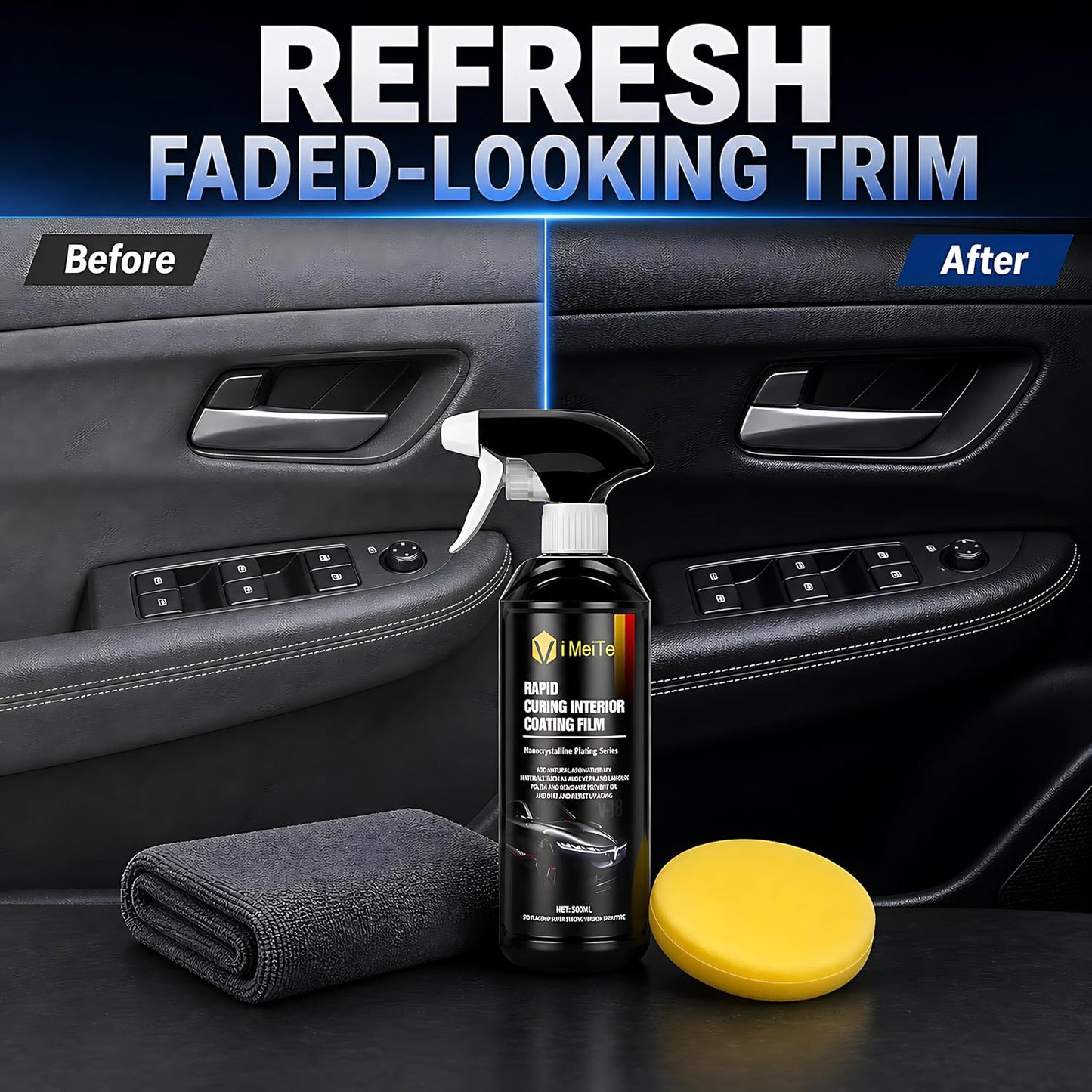 ViBon Car Interior Care Spray Kit, 500ml Dashboard Plastic Leather Trim Detailer with Microfiber Towel and Sponge Pad, Spray and Wipe Interior Coating Film for Car Seats, Door Panels, Console and Trim