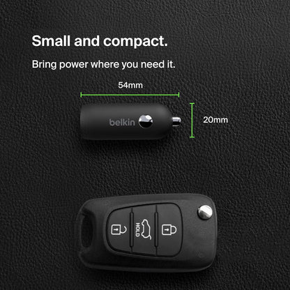 شاحن سيارة سريع Belkin BoostCharge 30W، تصميم صغير الحجم مع منفذ توصيل طاقة USB-C، شاحن سيارة USB متوافق عالميًا مع iPhone 16 و15 وSamsung Galaxy S23 وNote وPixel والمزيد - أسود