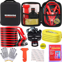 Car Roadside Emergency Kit, with Jumper Cables Automotive Kit,Car Safety Roadside Assistance Kit Headlamp,Tow Straps, Safety Hammers, Rainwear, Gloves.Black